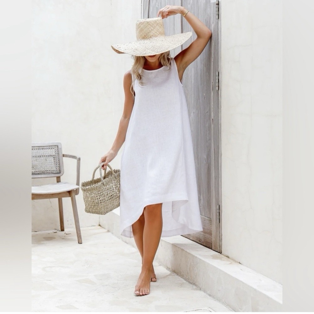 NWT Magic Linen Royal Toscana 100% Linen White Hi-Low Dress Pockets Womens Large